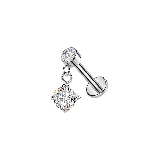 Surgical Steel Round CZ Dangle Threaded Flat Back Stud 16G
