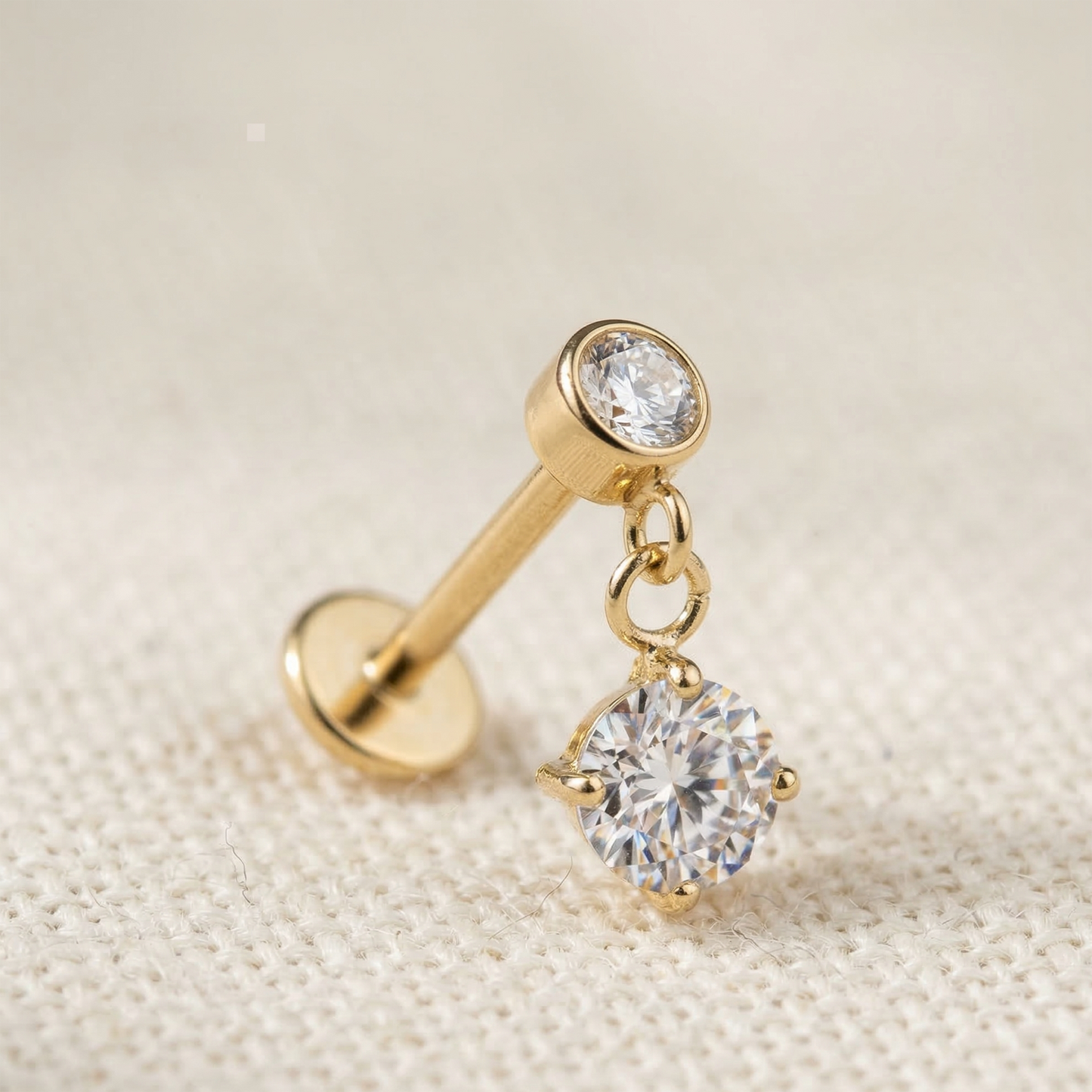 Surgical Steel Round CZ Dangle Threaded Flat Back Stud 16G