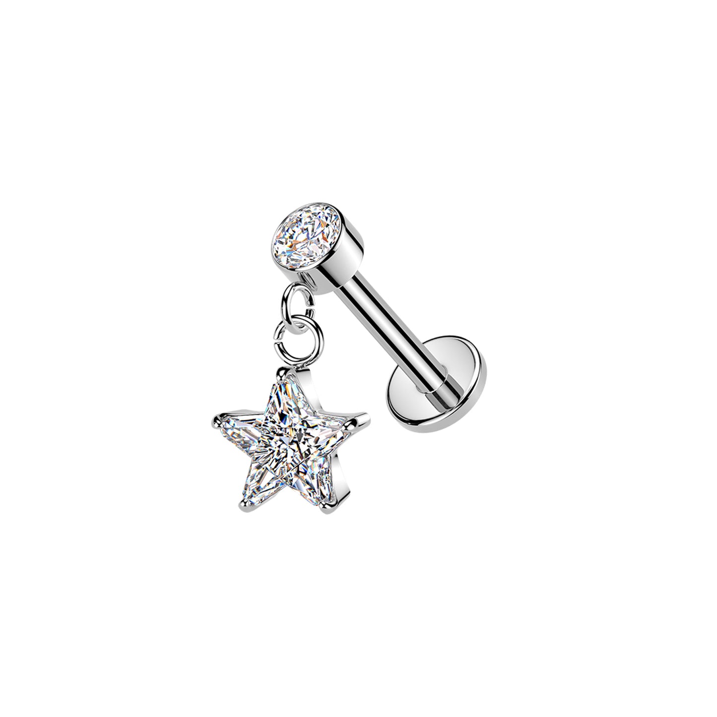 Surgical Steel Star CZ Dangle Threaded Flat Back Stud 16G