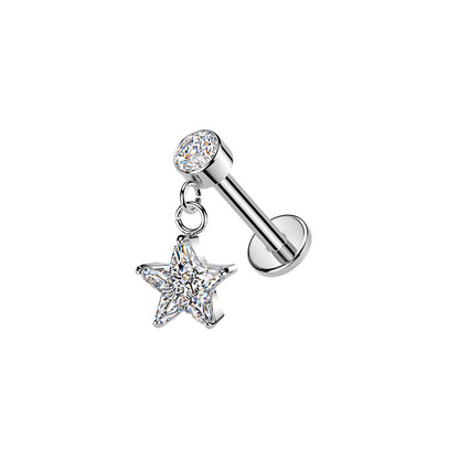 Surgical Steel Star CZ Dangle Threaded Flat Back Stud 16G