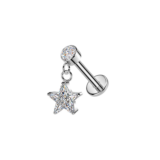 Surgical Steel Star CZ Dangle Threaded Flat Back Stud 16G