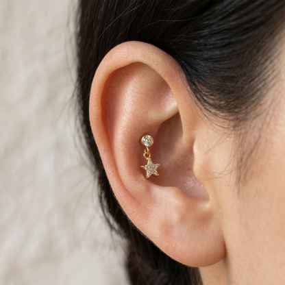 Surgical Steel Star CZ Dangle Threaded Flat Back Stud 16G
