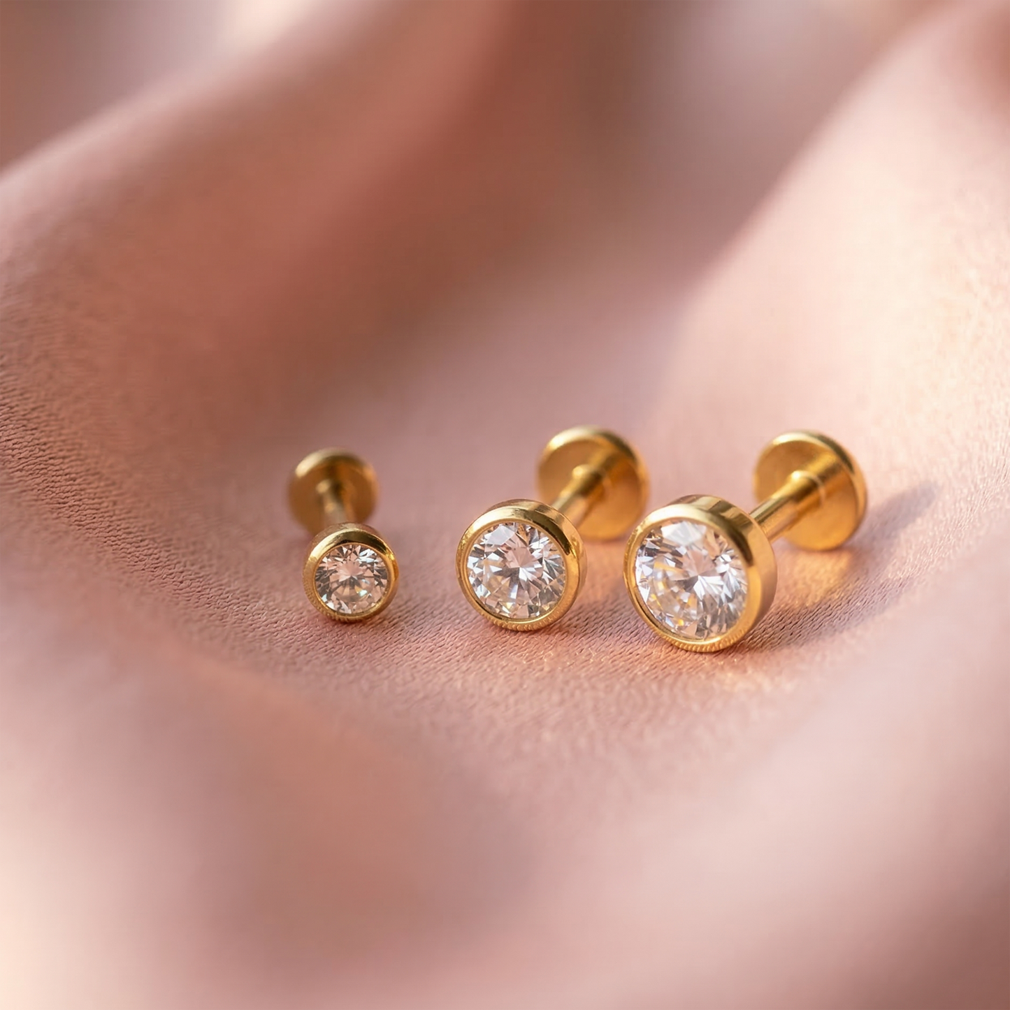 Gold Titanium Bezel Set CZ Threaded Flat Back Stud 20G