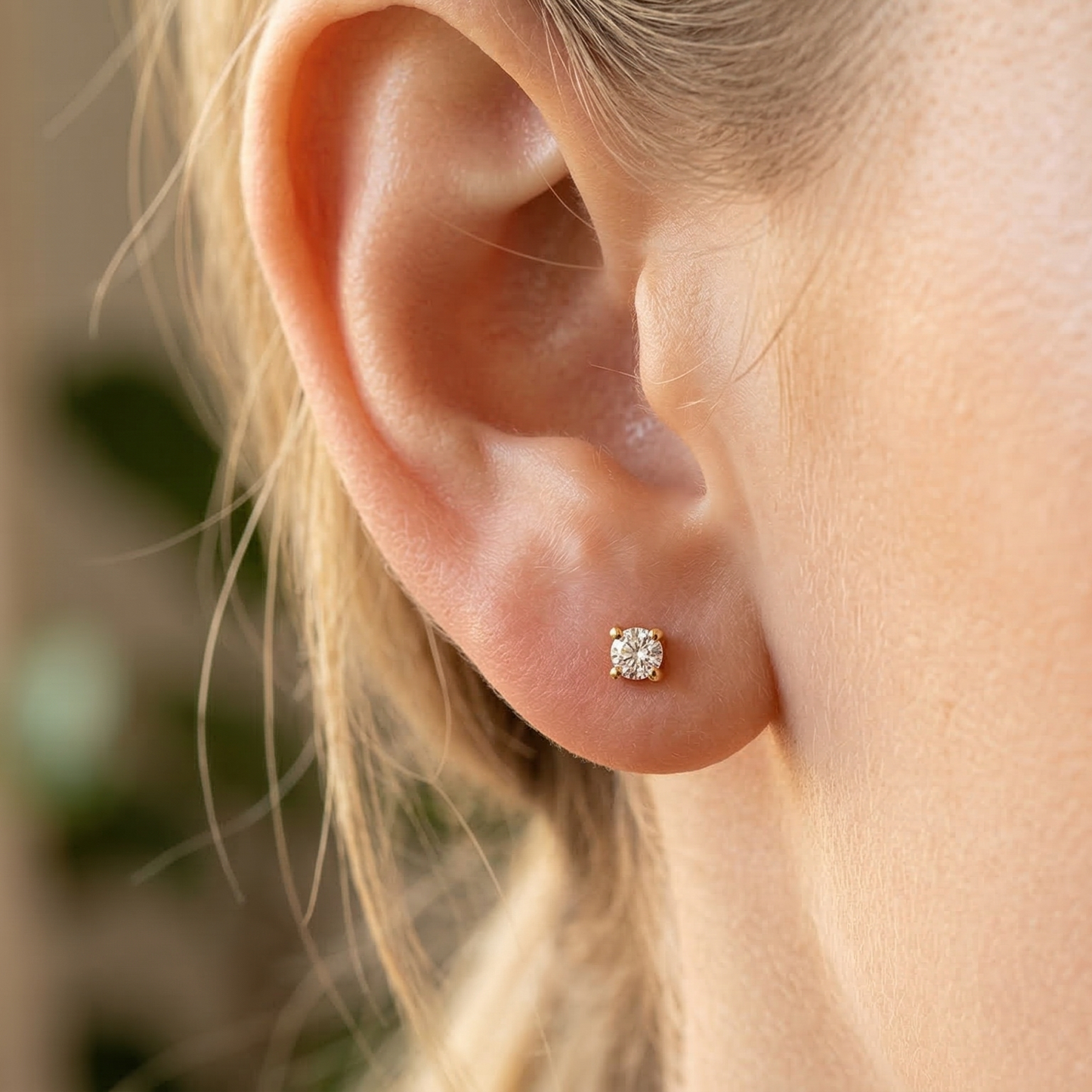 Gold titanium CZ prong stud shown on earlobe piercing
