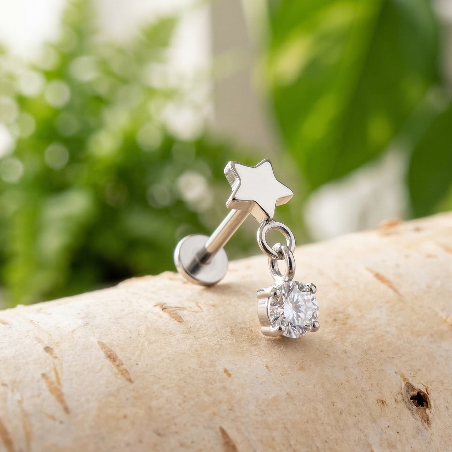 Titanium Star CZ Dangle Threadless Flat Back Stud