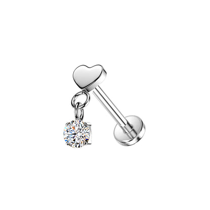 Titanium Heart CZ Dangle Threadless Flat Back Stud