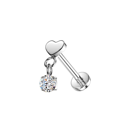 Titanium Heart CZ Dangle Threadless Flat Back Stud