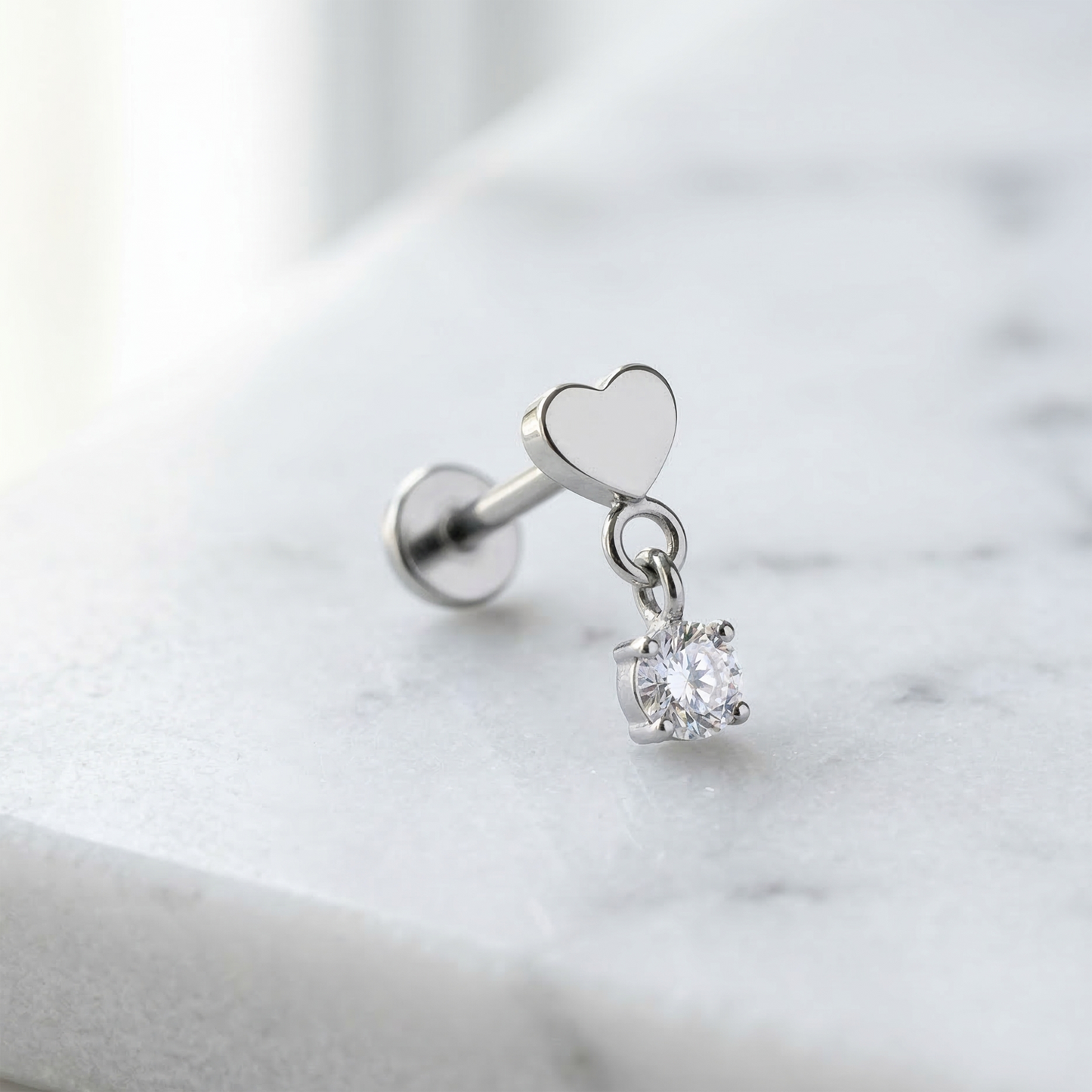 Titanium Heart CZ Dangle Threadless Flat Back Stud