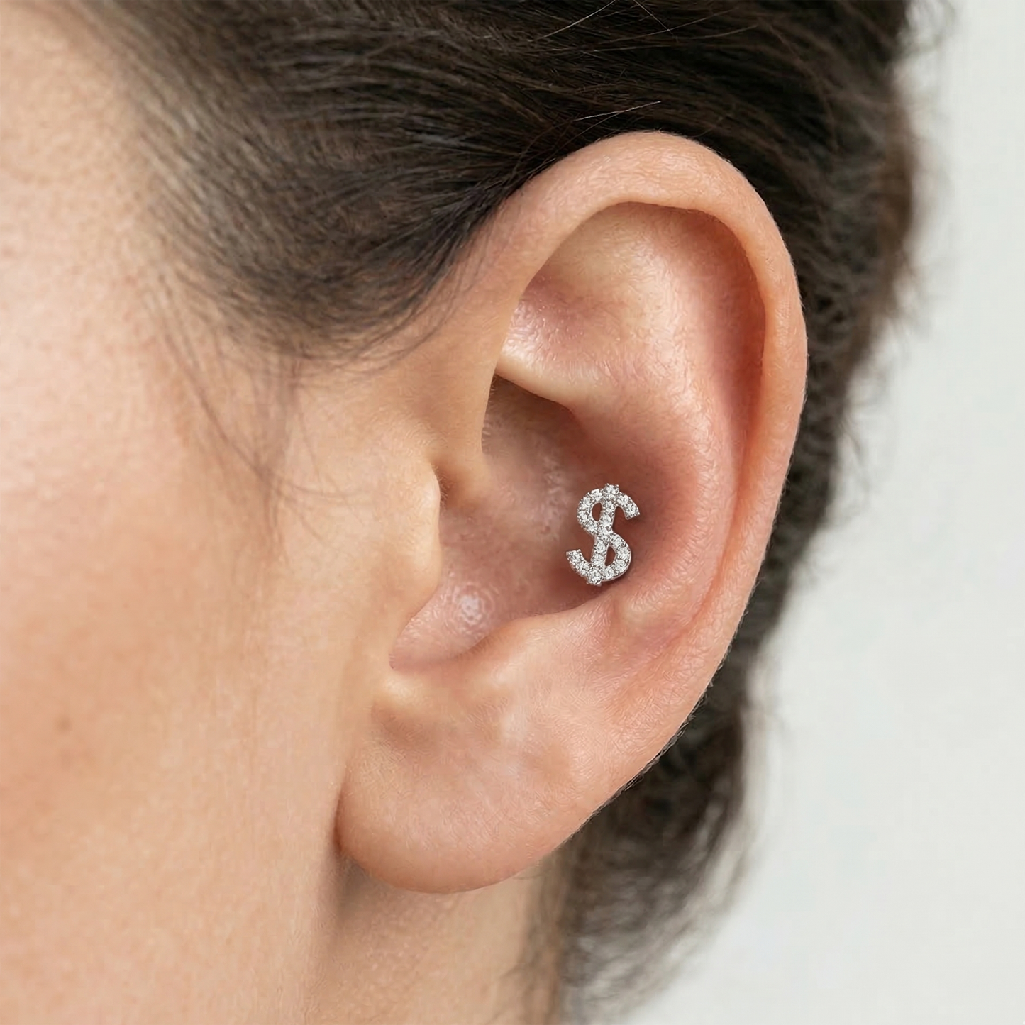 Titanium Pave CZ Dollar Sign Threadless Flat Back Stud