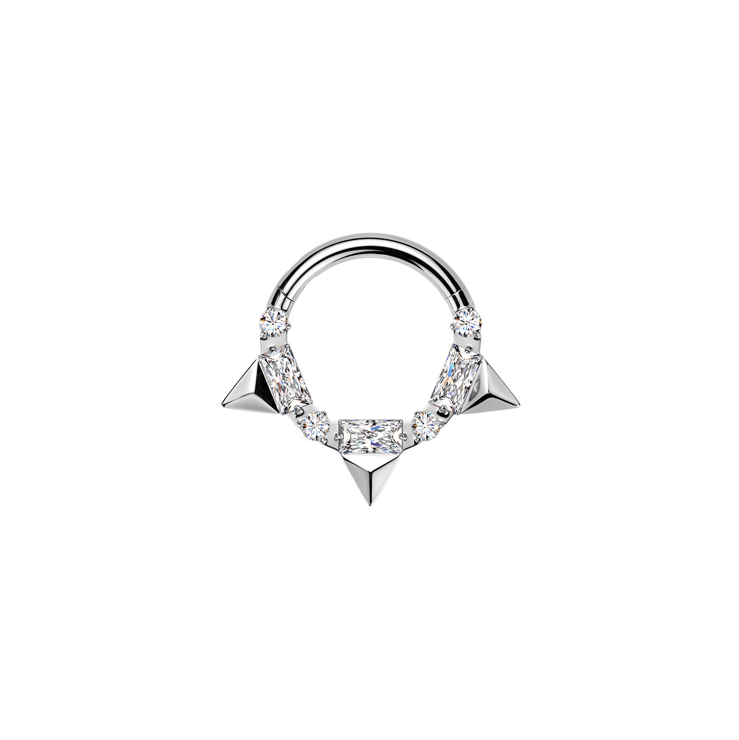 Silver titanium CZ spike hinged hoop ring on white background