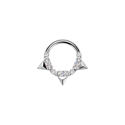Silver titanium CZ spike hinged hoop ring on white background