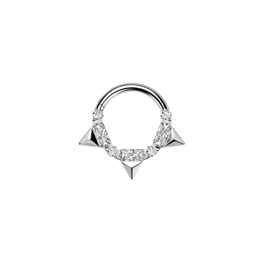 Silver titanium CZ spike hinged hoop ring on white background