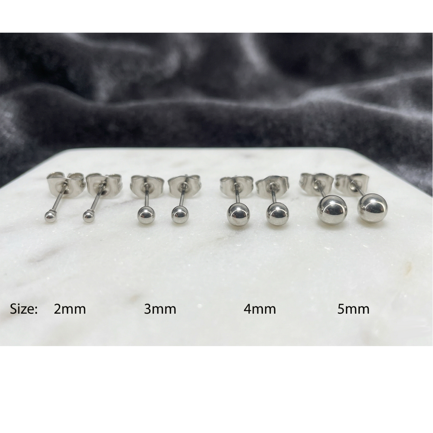 Silver surgical steel ball stud earrings size comparison 2mm to 5mm
