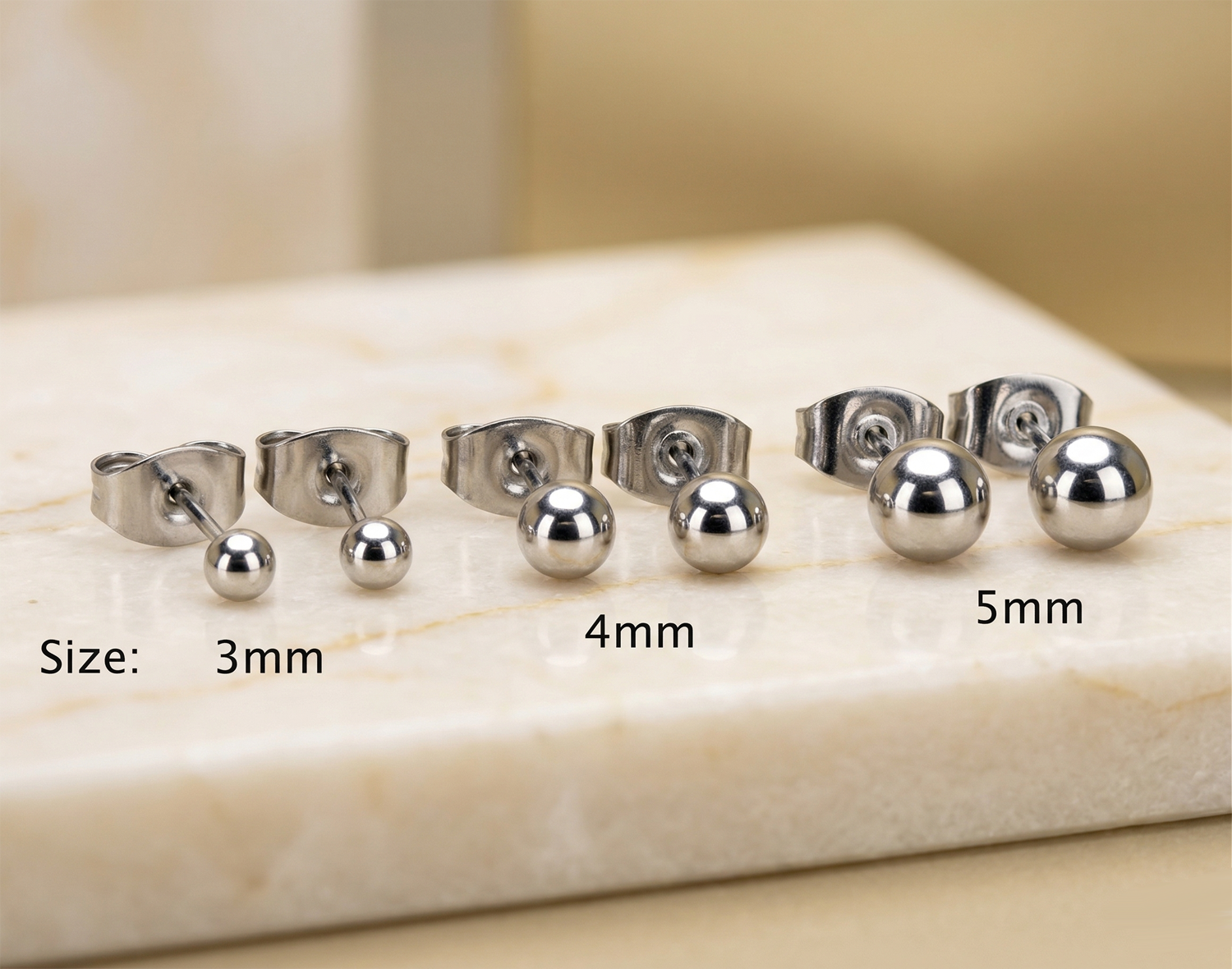 Silver titanium ball stud earrings size comparison 3mm 4mm 5mm