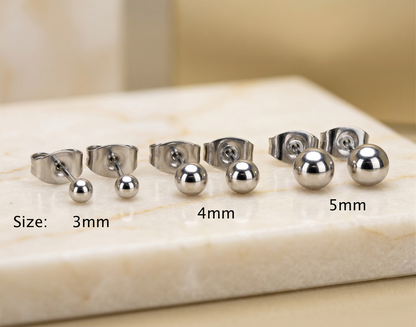 Silver titanium ball stud earrings size comparison 3mm 4mm 5mm