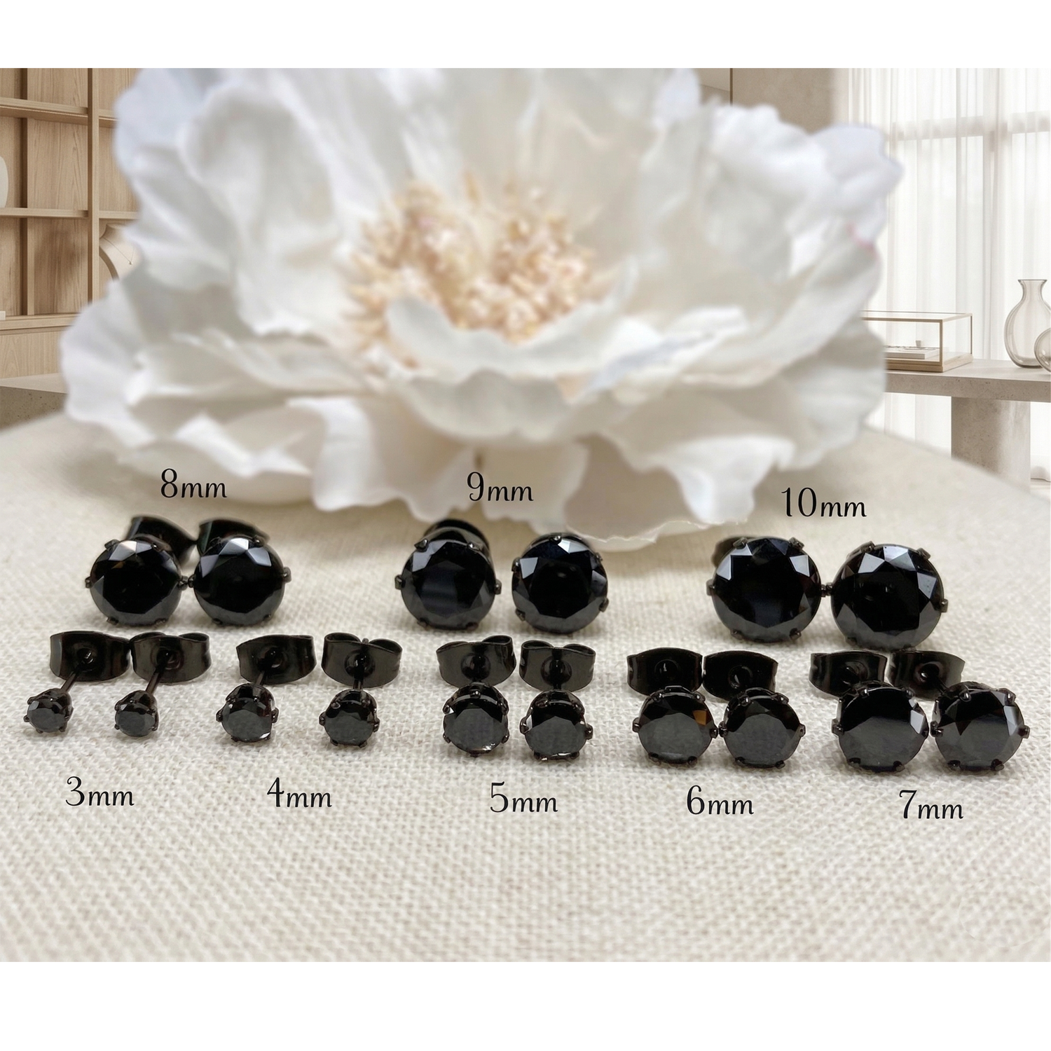 Black CZ surgical steel stud earrings size comparison multiple sizes