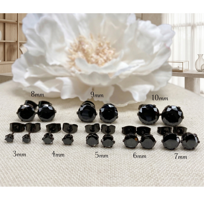Black CZ surgical steel stud earrings size comparison multiple sizes