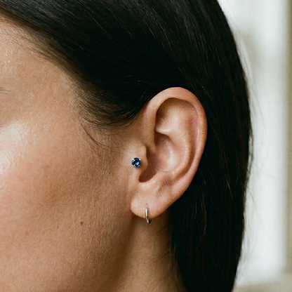 Titanium blue CZ prong stud shown on tragus piercing
