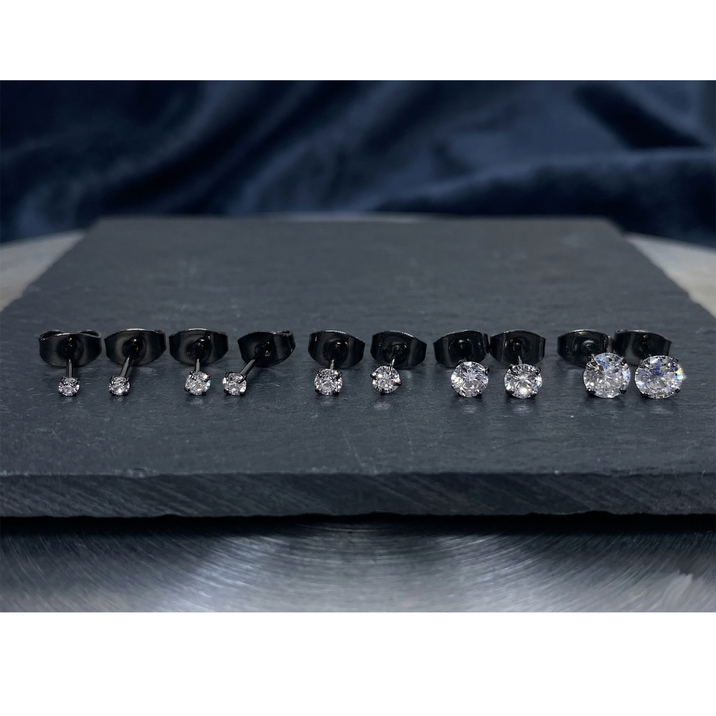 Black titanium clear CZ stud earrings size comparison 2mm to 5mm