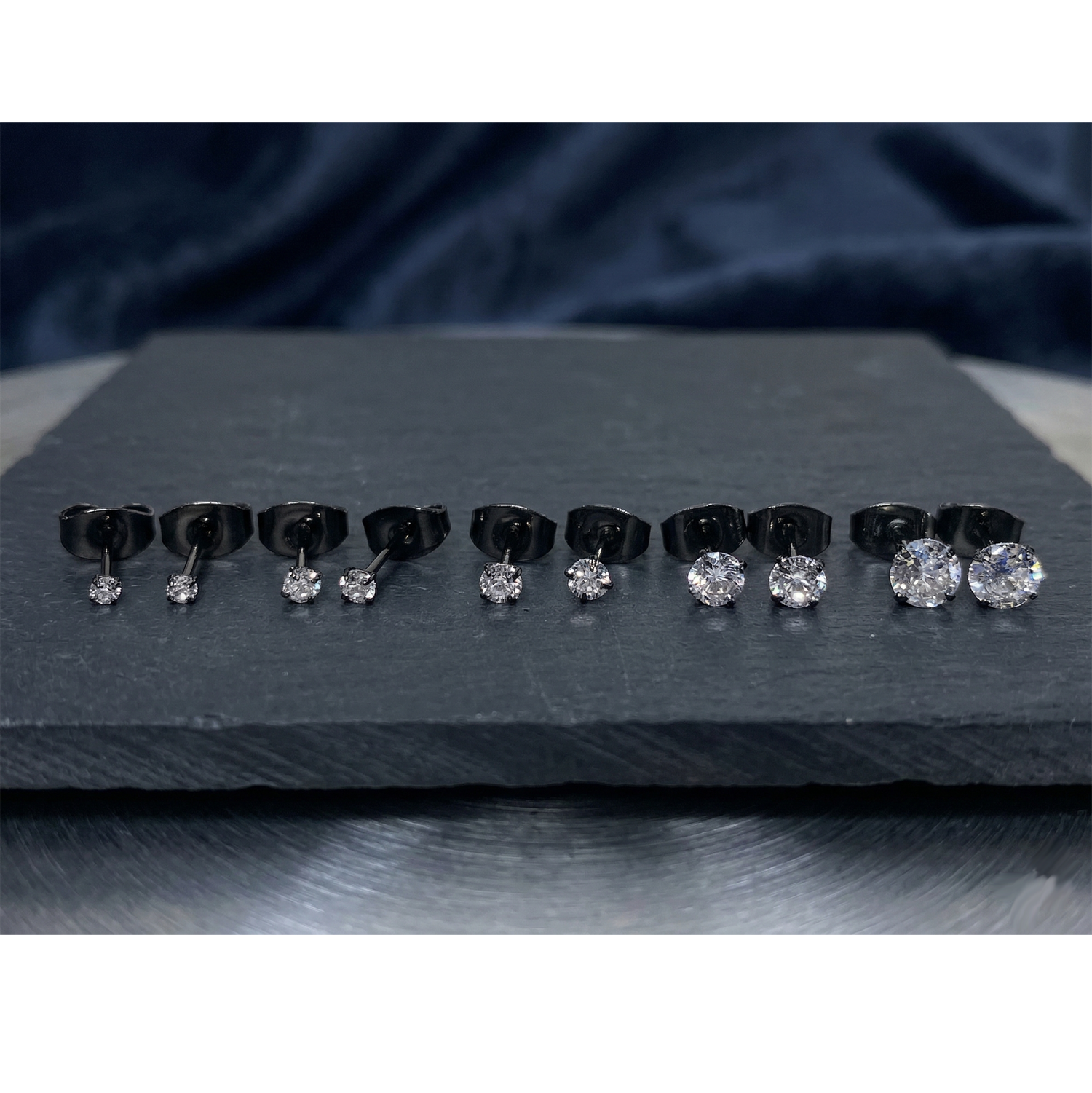 Black titanium clear CZ stud earrings size comparison 2mm to 5mm