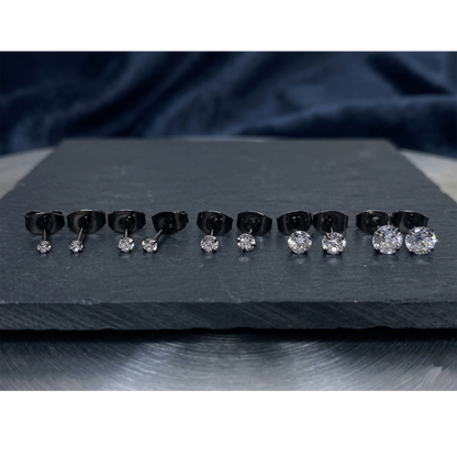 Black titanium clear CZ stud earrings size comparison 2mm to 5mm