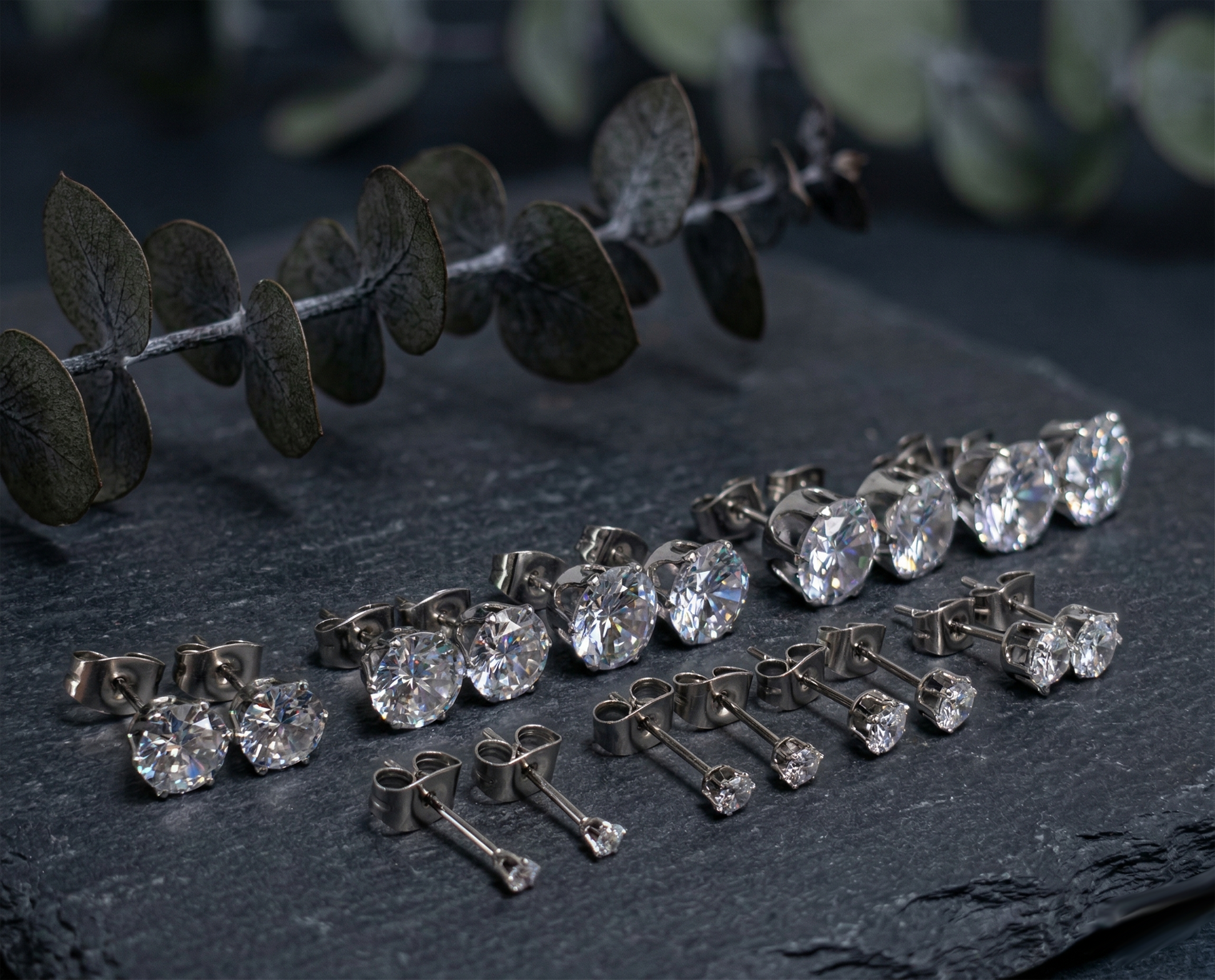 Pink CZ surgical steel stud earrings size comparison multiple sizes