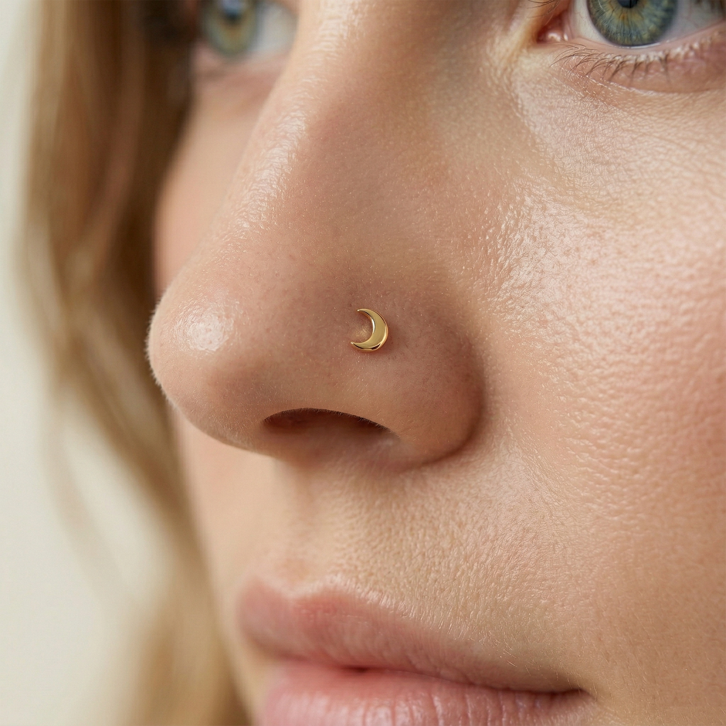 14K Gold Flat Crescent Moon Threadless Stud 20G