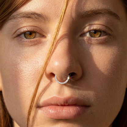 Titanium CZ front hinged hoop worn as septum ring