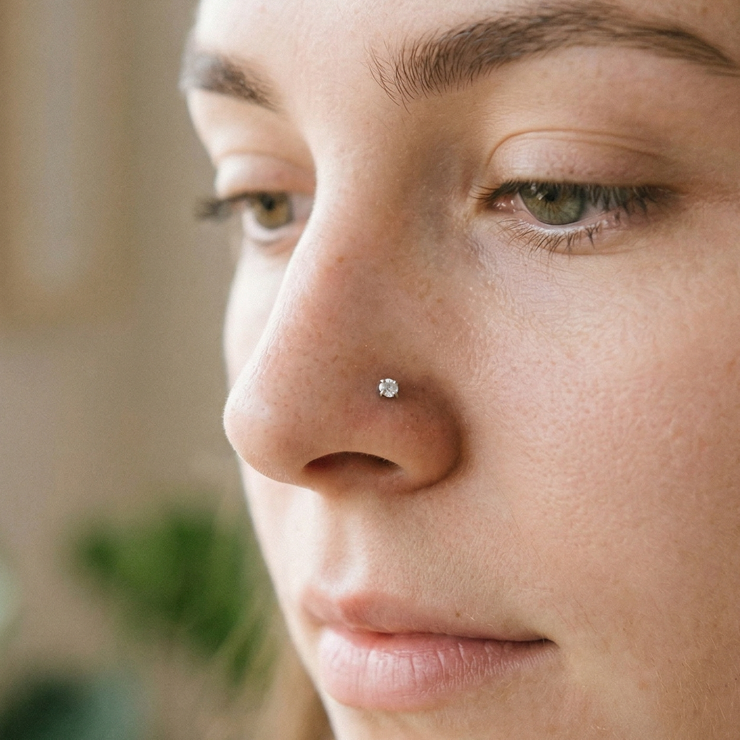 Titanium CZ prong stud shown on nostril piercing
