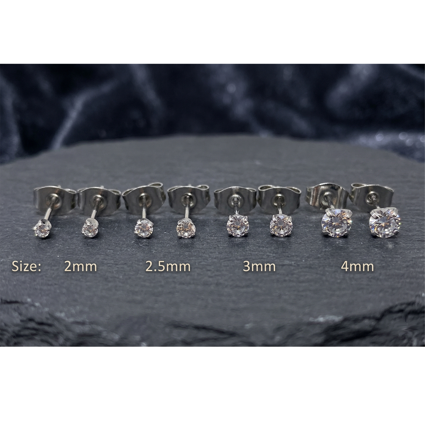 Silver titanium clear CZ stud earrings size comparison 2mm to 5mm