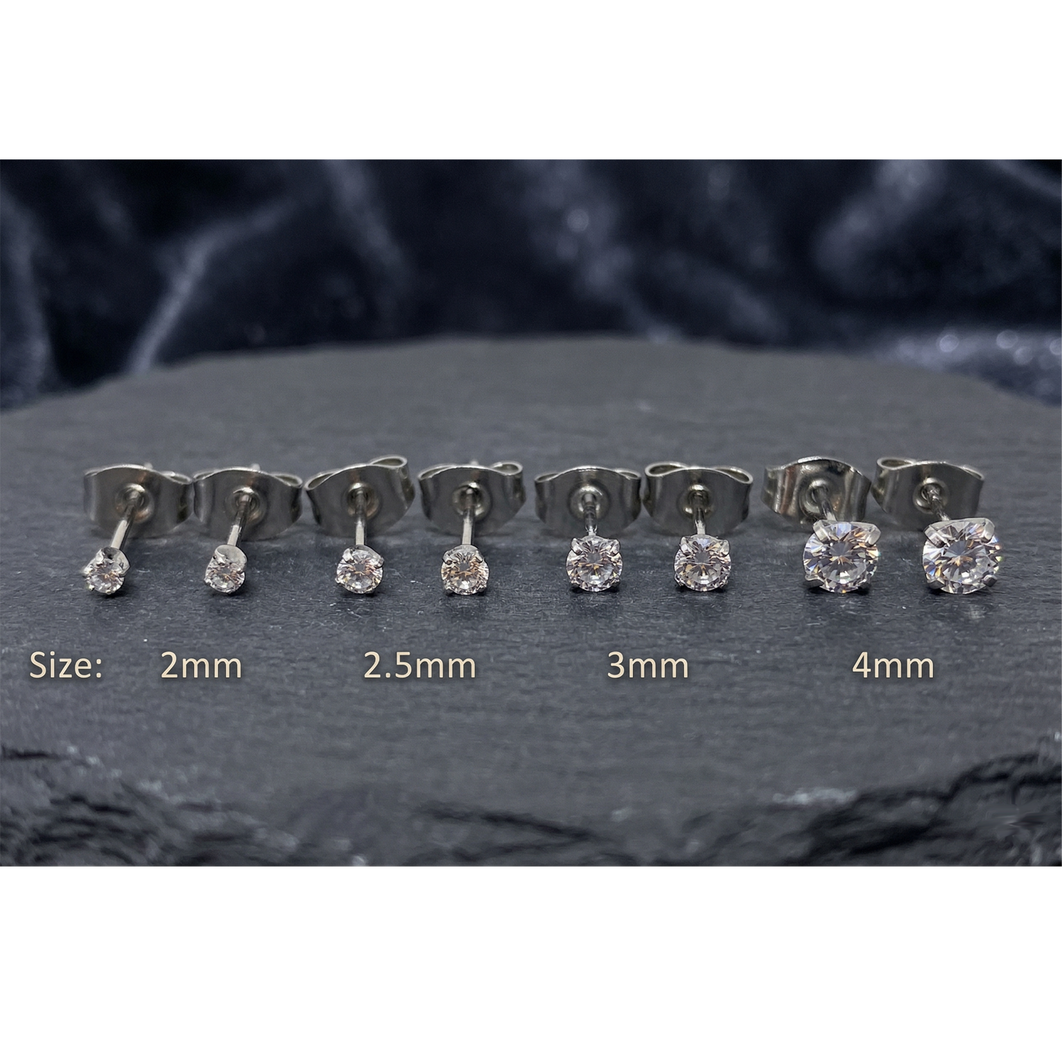 Gold titanium clear CZ stud earrings size comparison 2mm to 5mm