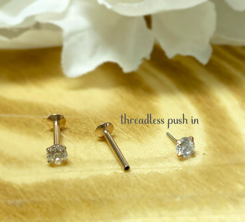 ✨ Surgical Steel Round CZ Top Threadless Labret Bar