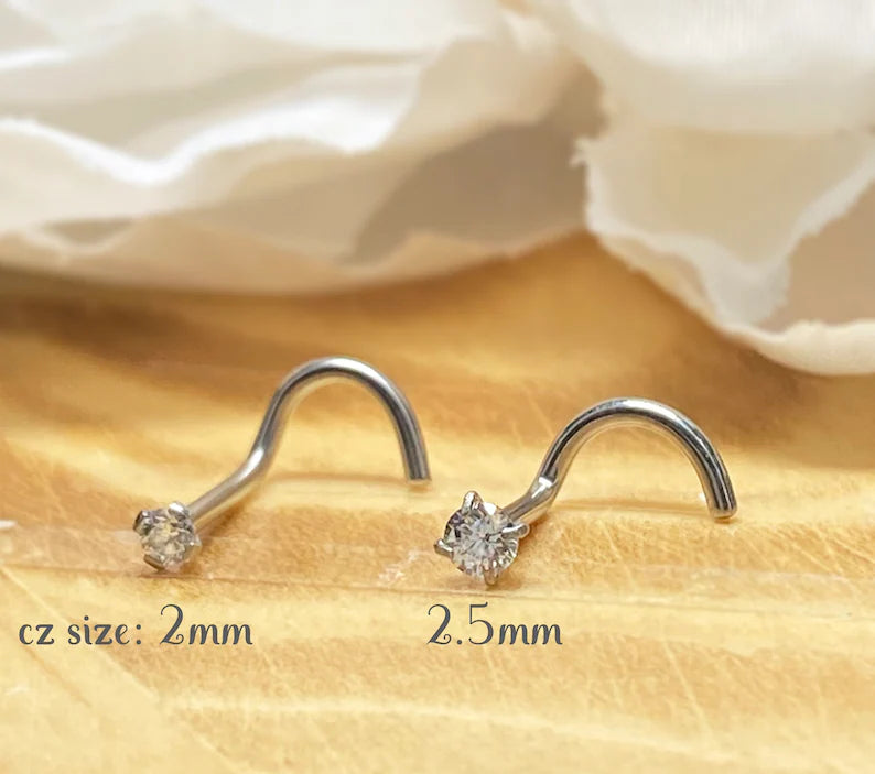 ✨ Titanium White CZ Prong-Set Nose Corkscrew Stud Ring