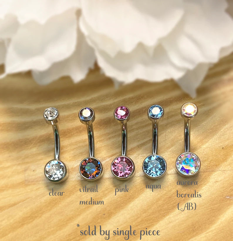 ✨Titanium Internally Threaded Top Double Round Swarovski Crystal Bezel Set Belly Button Rings