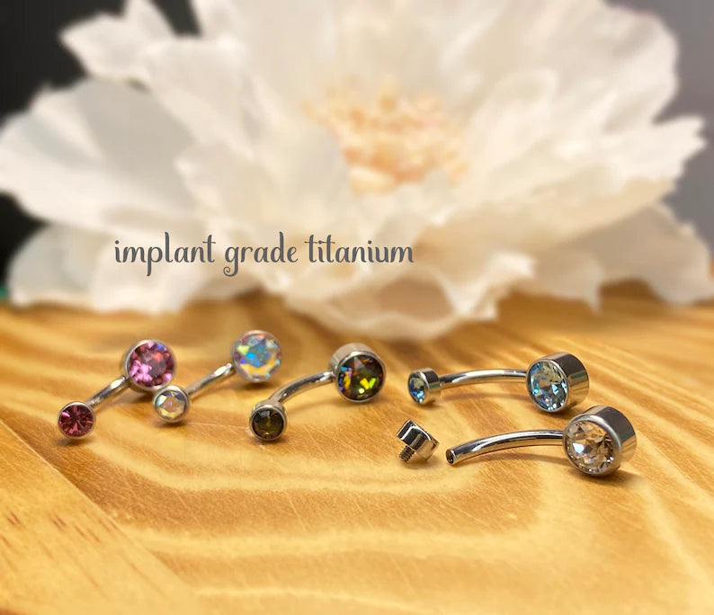 ✨Titanium Internally Threaded Top Double Round Swarovski Crystal Bezel Set Belly Button Rings