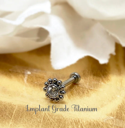 ✨ Titanium Flower CZ Top Threadless Labret Bar