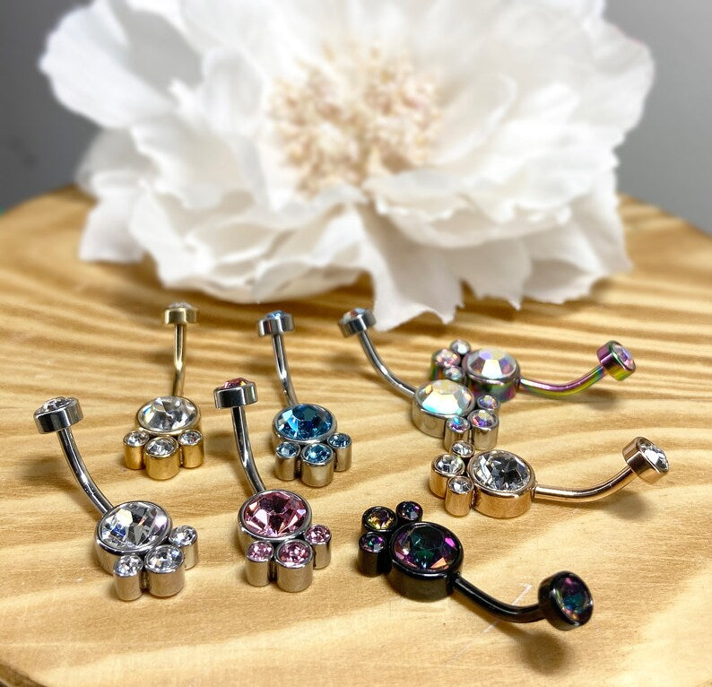 ✨ Internally Threaded Bezel Cluster Crystal Belly Button Navel Ring