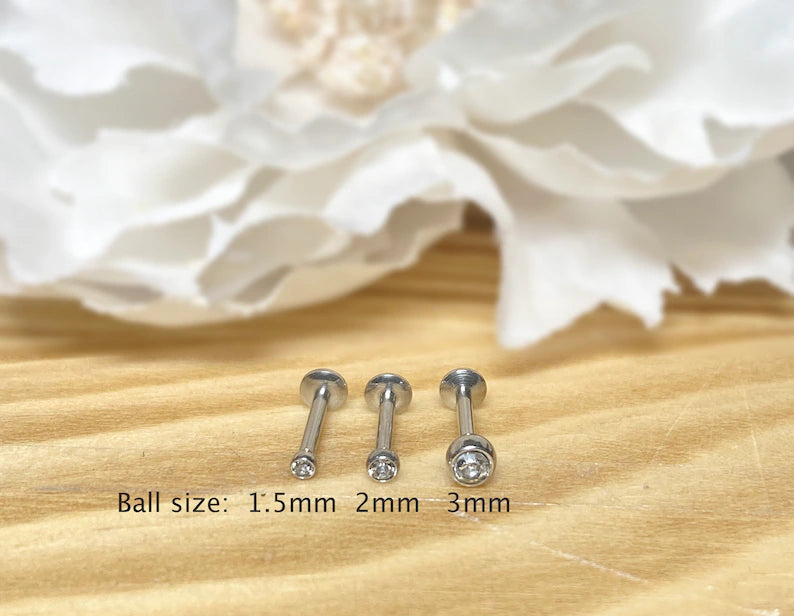 ✨ Surgical Steel Round CZ Top Threadless Labret Bar 1.5mm 2mm 3mm