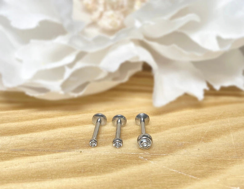 ✨ Surgical Steel Round CZ Top Threadless Labret Bar 1.5mm 2mm 3mm