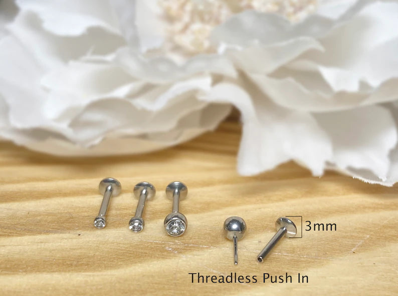 ✨ Surgical Steel Round CZ Top Threadless Labret Bar 1.5mm 2mm 3mm