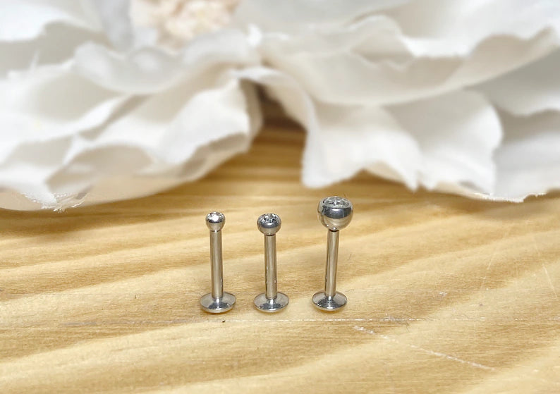 ✨ Surgical Steel Round CZ Top Threadless Labret Bar 1.5mm 2mm 3mm