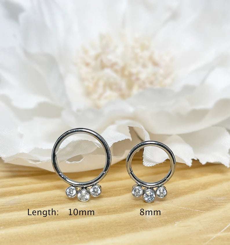 ✨ Titanium 3-Bezel Set CZ Hinged Clicker Hoop 16G