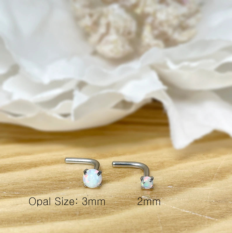 ✨ Surgical Steel L-Bend Nose Ring Opal Prong Set