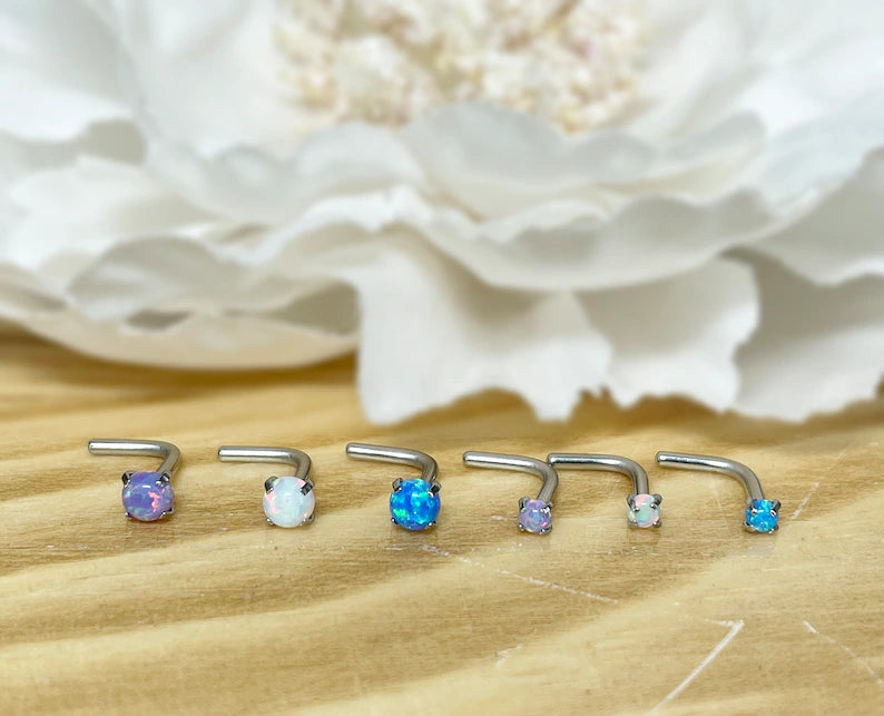 ✨ Surgical Steel L-Bend Nose Ring Opal Prong Set