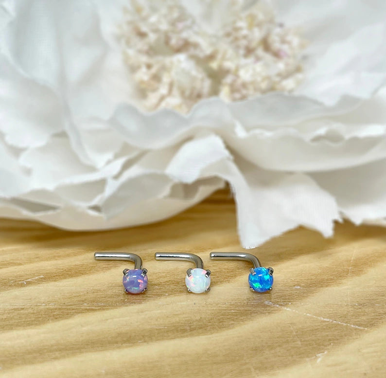 ✨ Surgical Steel L-Bend Nose Ring Opal Prong Set