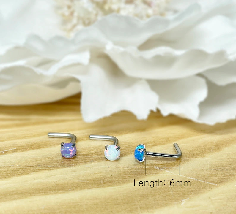 ✨ Surgical Steel L-Bend Nose Ring Opal Prong Set