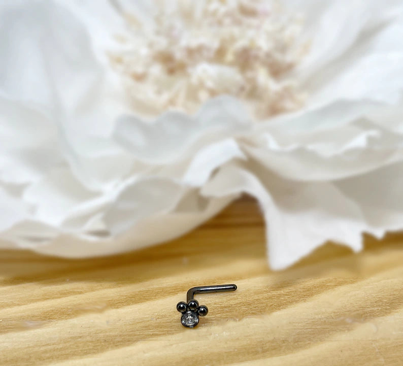 ✨ CZ 3-beaded ball L-Bend Nose Stud 20G