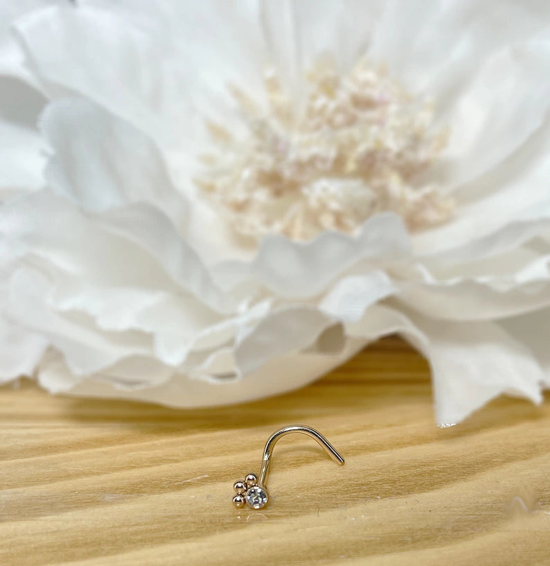 ✨ Round CZ 3-beaded ball Screw Nose Ring 20G