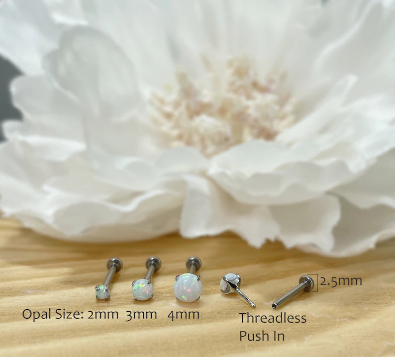 ✨ Titanium White Opal Prong Set Top Threadless Labret Bar