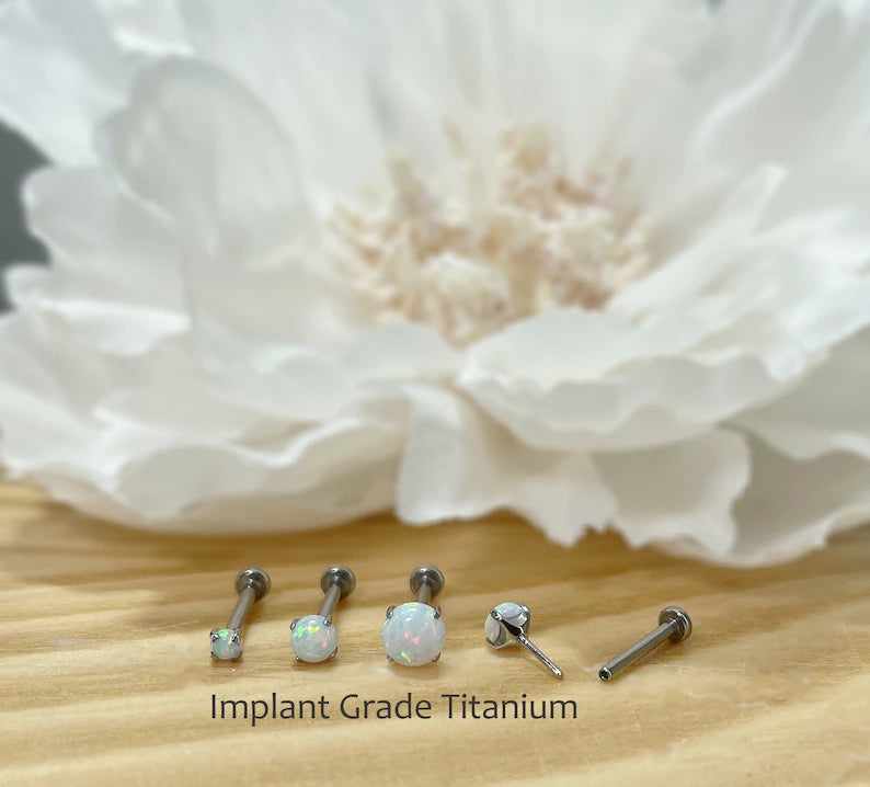 ✨ Titanium White Opal Prong Set Top Threadless Labret Bar